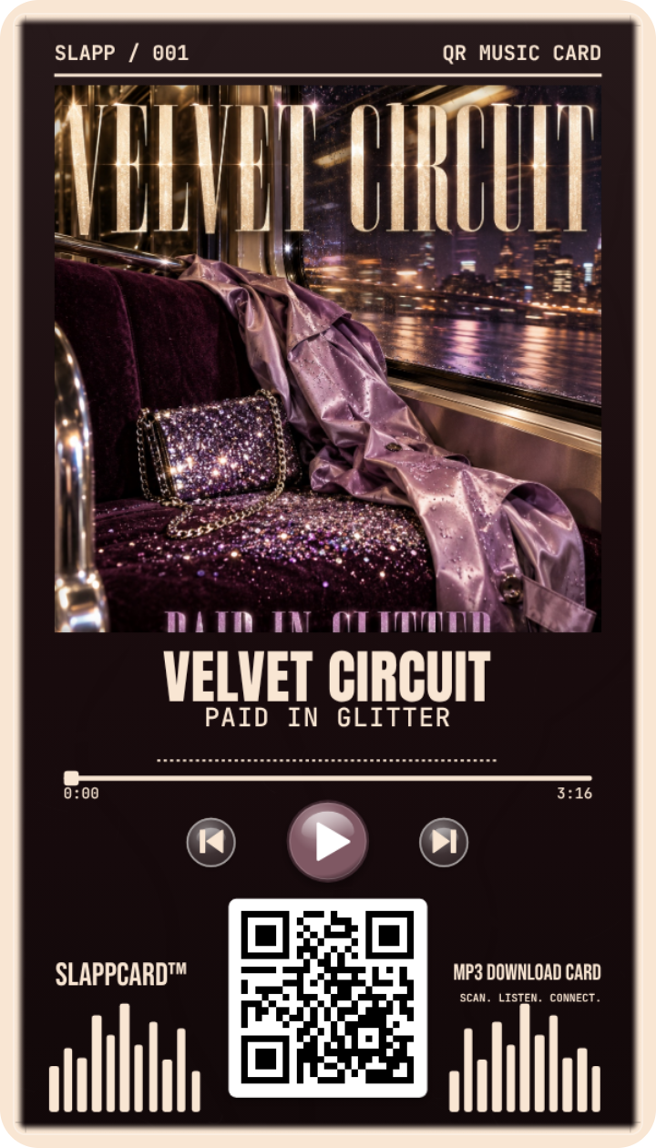 VELVET CIRCUIT: Paid in Glitter, front of a Slappcard