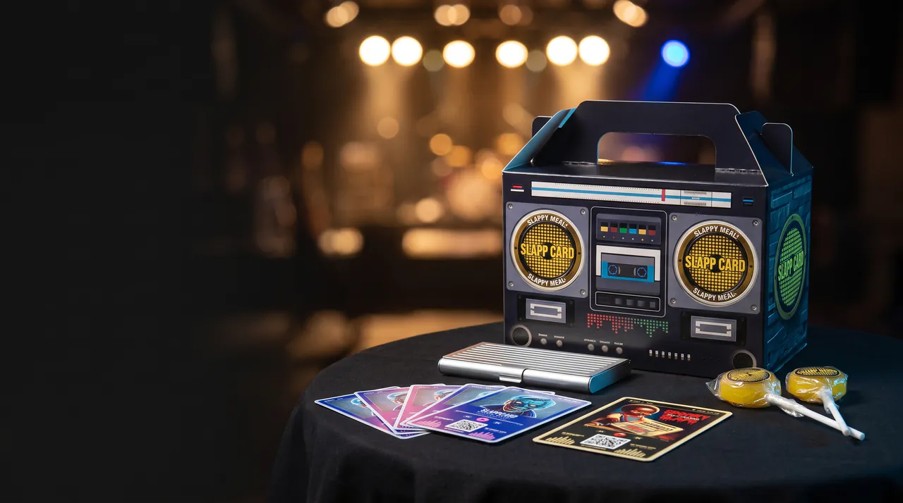 The boombox-printed box on a merch table in a music venue, with Slappcards, a card holder and suckers laid out in front of it