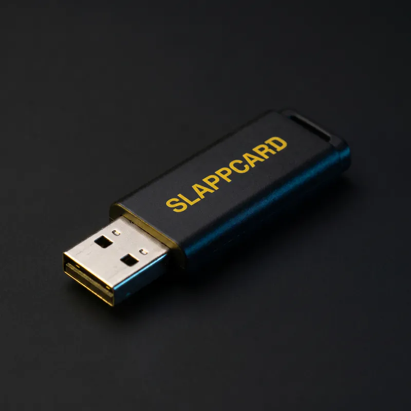 A black USB stick with SLAPPCARD printed on it in yellow, lying on a dark surface